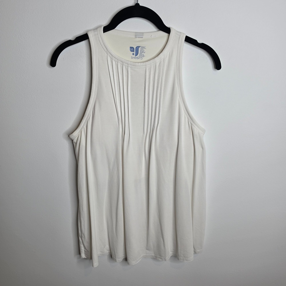 Shebird Tank Top Womens 4 White Pleated Front Built-in Bra Sleeveless